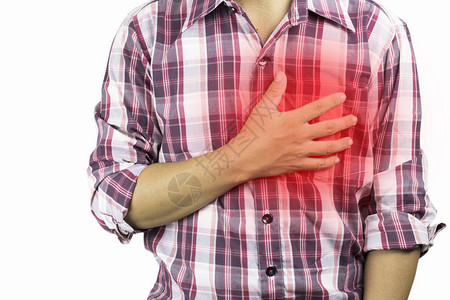 建筑工人患有胸痛严重的心痛白色背景发作医疗保健疾病背景图片