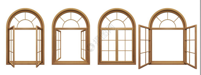 收集在白色上隔离的木制拱形窗户背景图片