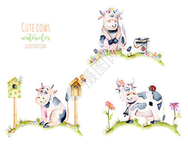 草地上一组水彩可爱的卡通奶牛瓢虫和简单的花朵插图图片