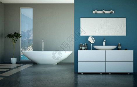 现代浴室内部3D渲染模型与浴缸图片