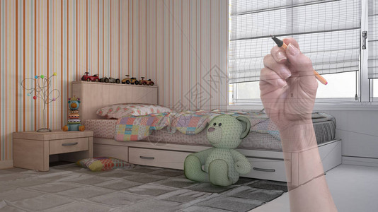 定制现代简约儿童卧室带单人床带枕头的床靠得很近量身定制的未完成项目图片