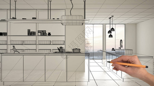 空荡的白色内饰与白色大理石瓷砖手绘定制建筑设计黑色墨水素描显示现代简约厨房的蓝图概念背景图片