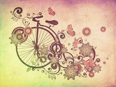 旧式大轮车自行车装饰着花卉图片