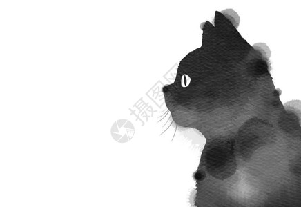 水彩黑猫的剪影图片