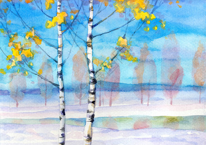 充满活力的手绘水彩颜料素描艺术品在轻纸卡背景空间上的安静的蓝色漂移冬日艺术家场景在平静的冰冷的溪湾年轻白杨背景图片
