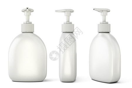 一套装有不同类型液体肥皂的瓶子3d插图图片