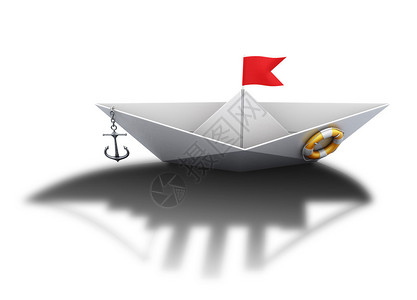 白色背景的大型船舶阴影下的纸船3D概念插图图片