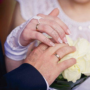 新娘和新郎的手有结婚戒指的图片