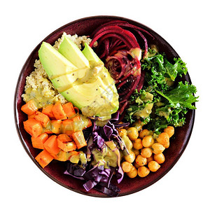 健康的午餐碗配藜麦鳄梨鹰嘴豆蔬菜顶视图在白色背景上隔离图片