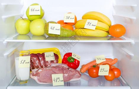 开放冰箱冰箱里装满水果蔬菜和有标图片