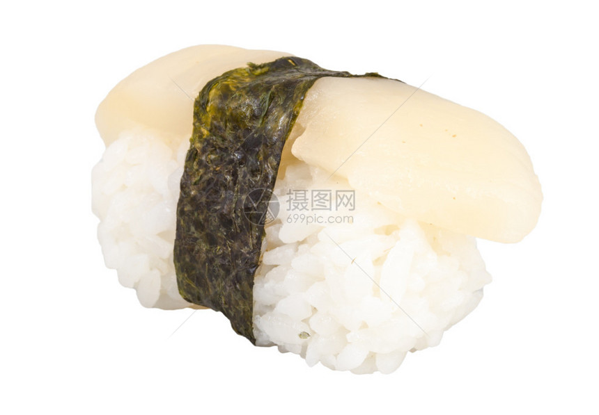 寿司hotate与扇贝片隔离在白色背景图片
