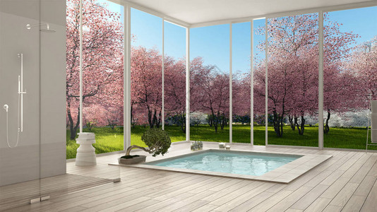 斯堪的纳维亚浴室白色简约室内设计大全景窗户春天花园粉色开花树酒店水疗图片
