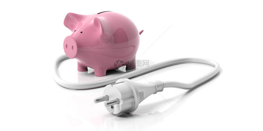 节省能源成本电插和小猪银行在白色背图片
