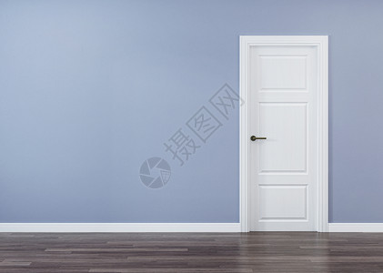 内部的白色门蓝色的墙壁3D渲染背景图片