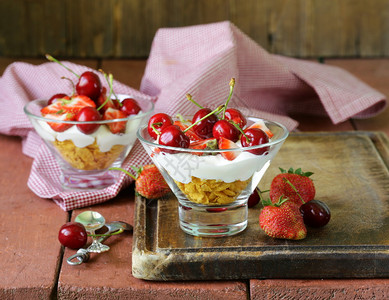 乳制品酸奶甜点用樱桃和草莓图片
