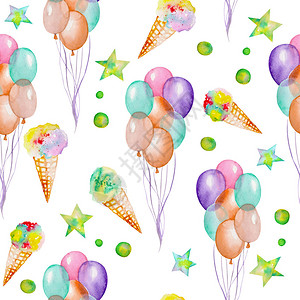 与水彩手画的派对和马戏团元素空气球冰淇淋和星相配合的无缝图案在白背景图片