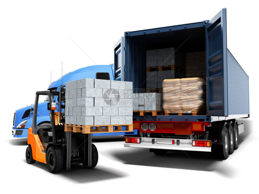 从蓝色拖拉机装载和卸载货物的当代概念与卡车与建筑材料和叉车与托盘图片