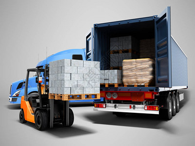 鉴于从后面从带有建筑材料的卡车和带有托盘的叉车的蓝色拖拉机上装卸货物的现代概念设计图片