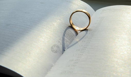 每周装订的黄金结婚戒指被太阳照亮心形的影子概念订婚图片