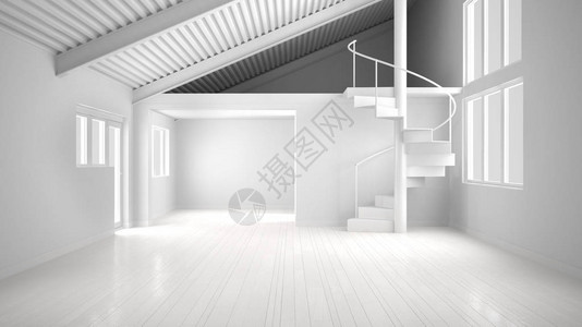 白色现代空室内全白色项目带夹层和极简螺旋楼梯的开放空间图片