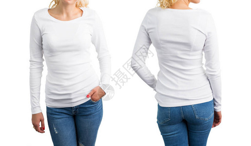 白色长袖衬衫模板正面和背面图片
