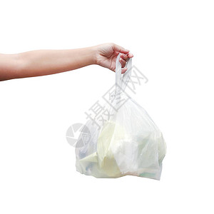 手拿着白色背景的废塑料垃圾袋手拿着垃背景图片
