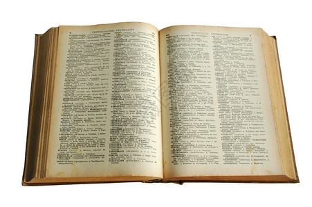 白色背景上泛黄页面的旧古董字典背景图片
