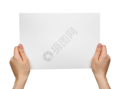 女手拿着一张被白色隔离的空白纸图片