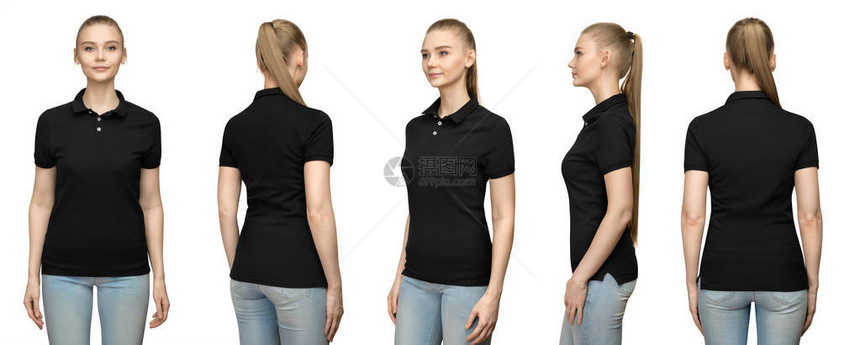 设置促销姿势女孩在空白黑色polo衫样机设计打印和概念模板年轻女子在T恤正面和半转侧后视图孤立的白色背图片
