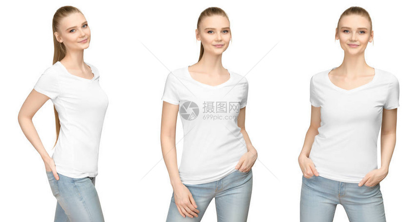 设置促销姿势女孩在空白色T恤样机设计打印和概念模板年轻女子在恤正面和半转侧视图隔离白色背图片