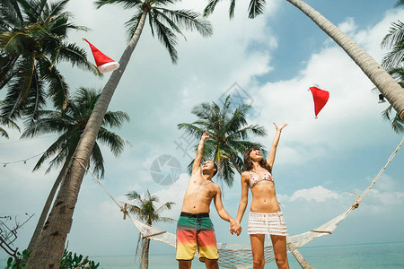 庆祝圣诞节和新年的轻美女夫妇在棕榈树下海滩吊床附近站立高举圣图片