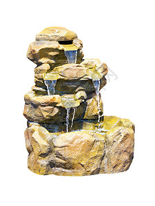白色背景孤立的石头小型装饰式瀑布以图片