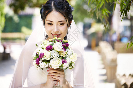 美丽和快乐的年轻亚洲新娘戴着新娘面纱图片