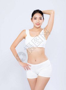 肖像年轻的亚洲女人微笑美丽的身体饮食与适合孤立的白色背景图片