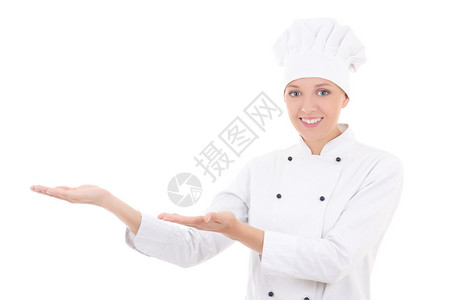 年轻女厨师在白色背景上展出或展图片