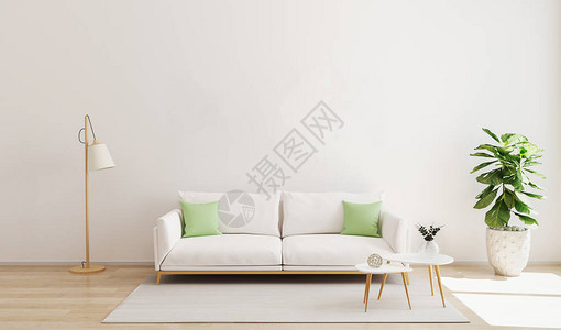 内部配有白色沙发和绿色枕头现代咖啡桌落地灯植物和地毯图片
