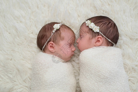 两位兄弟双胞胎新生女婴睡觉和用白衣高清图片