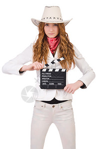 年轻女牛仔有电影板孤立在图片