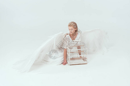 身着天使装扮的美丽柔美女人双翼配有白背景图片