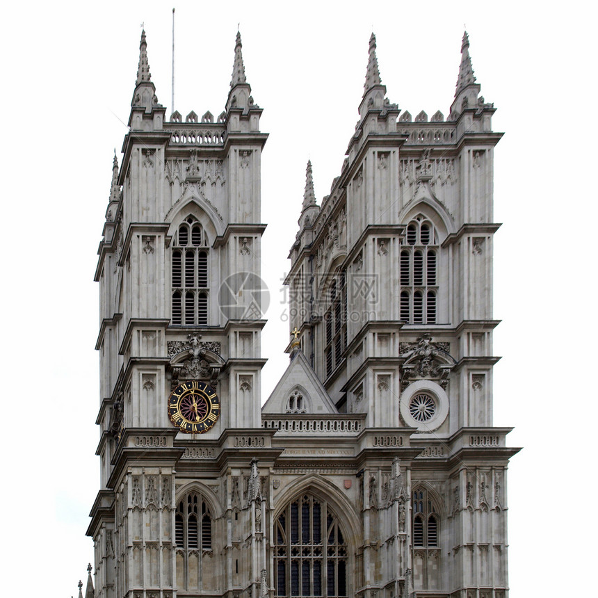 英国伦敦威斯敏特教堂与白色背景隔离图片