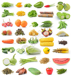 白背景的水果和蔬菜在背景图片