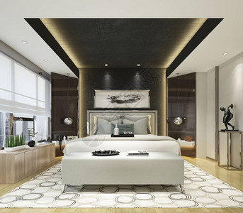 现代豪华卧室酒店房间的3D渲染图片