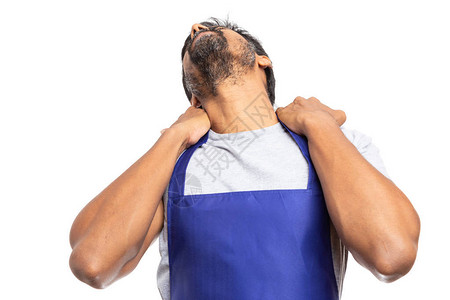 超级市场或超市的印度雇员触摸到颈部背痛图片