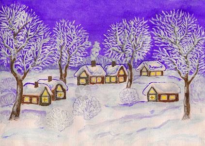 手画圣诞图画水彩色和白瓜切冬季风景以及村庄房屋和背景图片