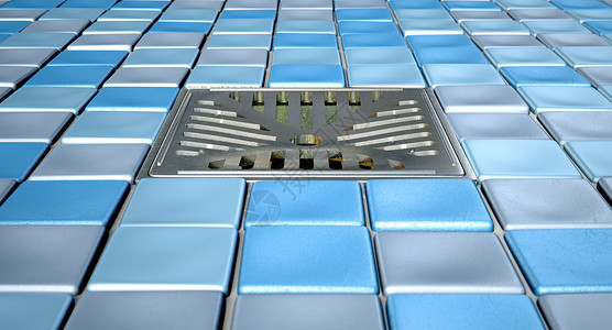 淋浴地板装饰着一套蓝色的有蓝板的小广场浴室马赛克和中间背景图片