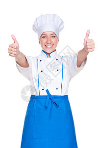 穿着制服和帽子的快乐的女厨师厨师或面包师图片