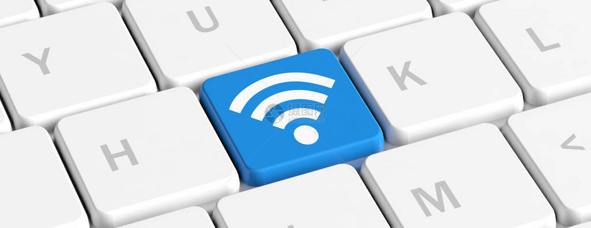 WiFi无线互联网概念在计算机键盘横幅上带有wifi符号的蓝键按钮图片