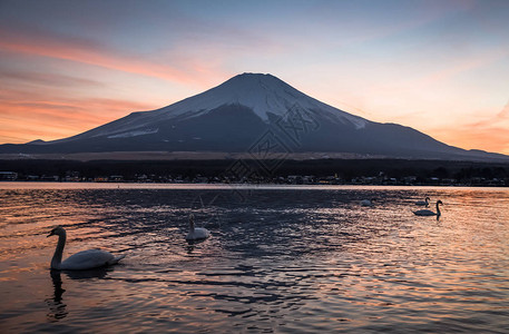 冬天晚上富士山和中湖的景色山中湖是富士五湖图片