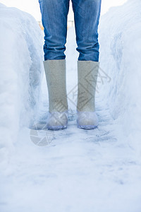 白雪上男士双脚暖靴特写图片