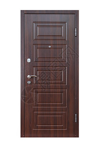 封闭的鸡翅木门隔离在白色背景关闭的门图像公寓入口深棕色木材背景图片